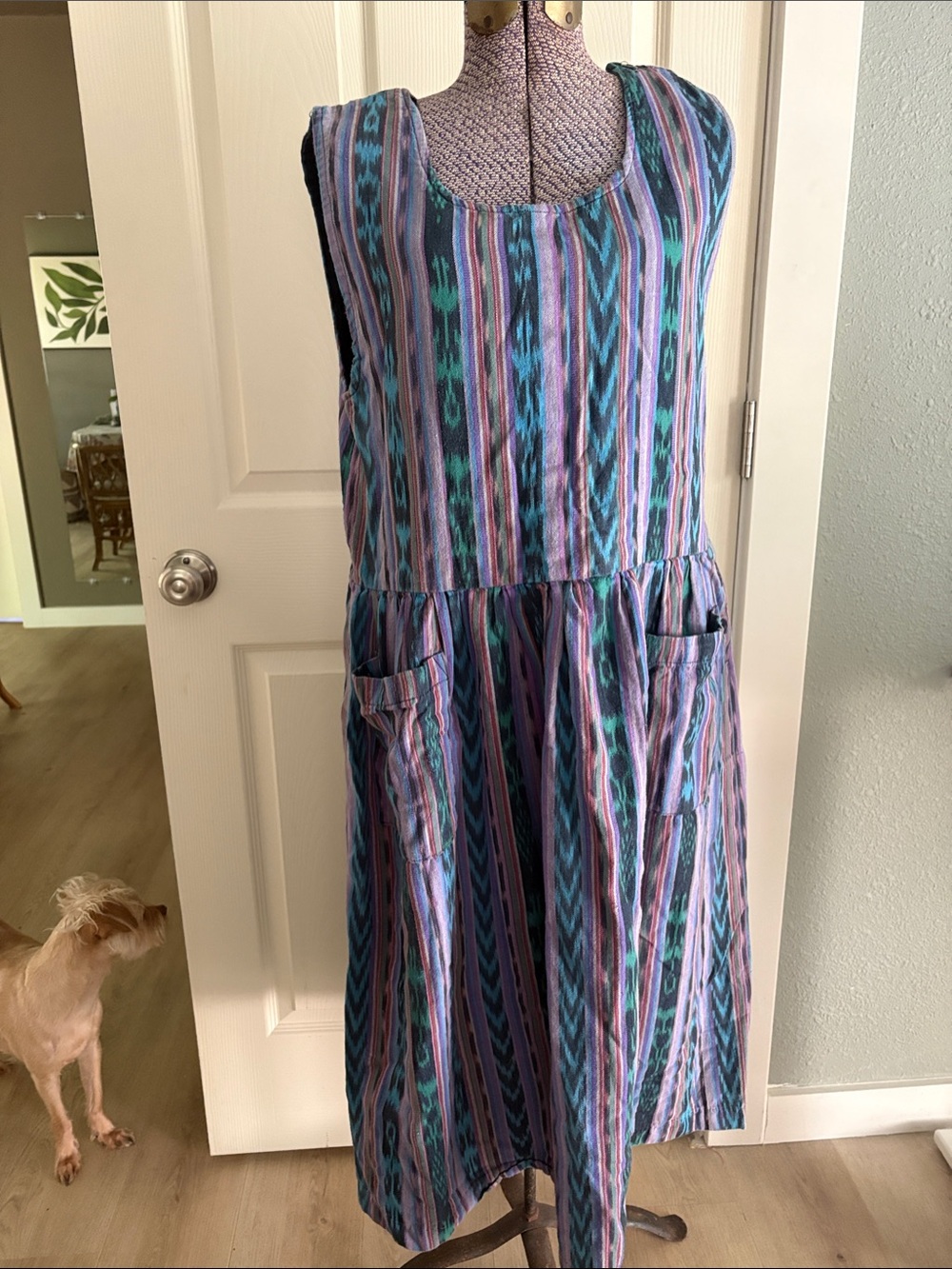 Teal Lavender Ikat Striped Midi Dress Sleeveless Pockets Size Small